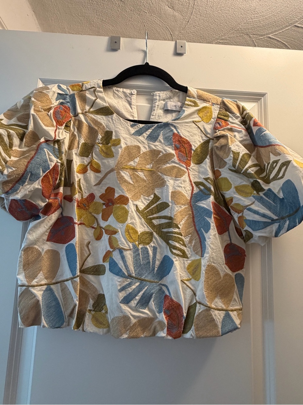 Greylin Ivory Textured Puff-Sleeve Top with Multicolor Leaf Print